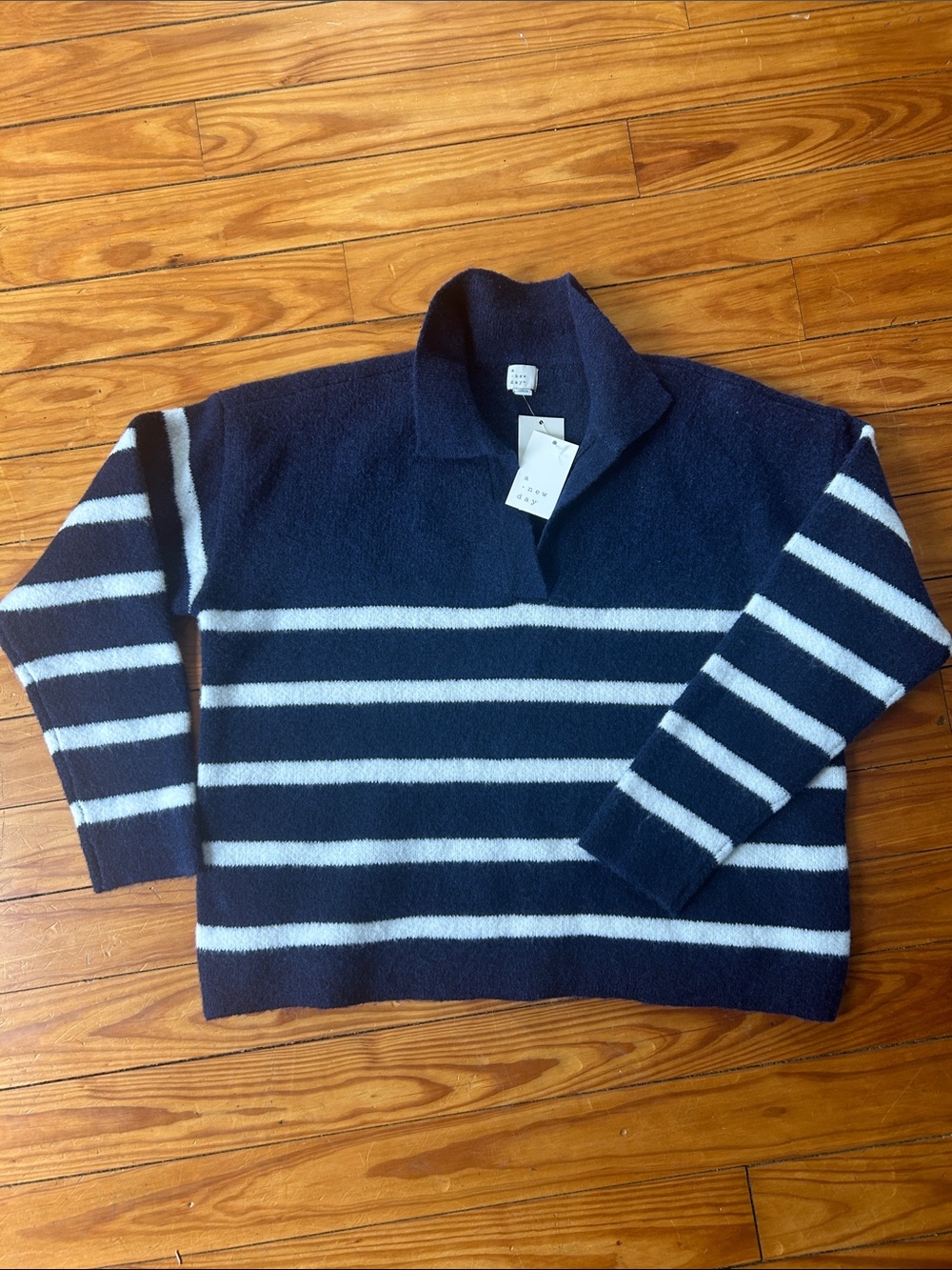 Womens Navy and White Striped Shawl Collar Sweater